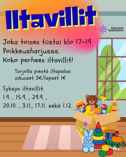 Iltavillit mainoskuva. Piirroshuone, jossa ikkuna sekä lattialla matto ja leluja. Teksti iltavilleistä.