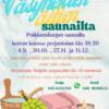 Kuvassa on saunakiulu, vihta, pyyhkeitä sekä kynttilä alakulmassa. Näiden yläpuolella tekstit: Väsyneiden äitien saunailta sekä informaatio saunaillasta.