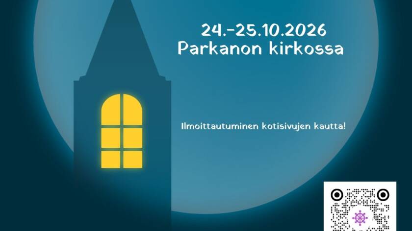 Sinisessä valokaaressa kirkon torni ja kutsuteksti Yö-kirkossa -leirille.