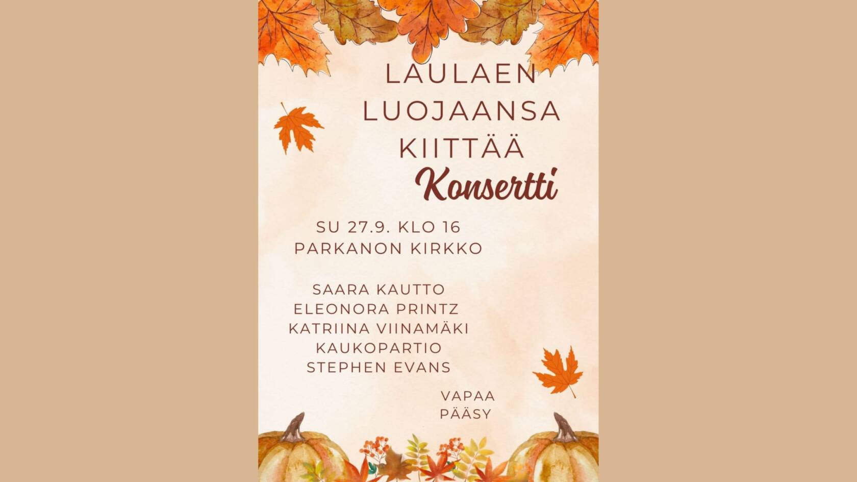 Laulaen Luojaansa Kiittää-konsertin mainos