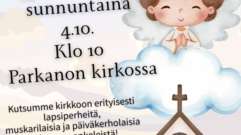 Mikkelinpäivän perhejumalanpalvelus mainos. Kuvassa pilvenreunalla enkeli ja edessä kirkko.